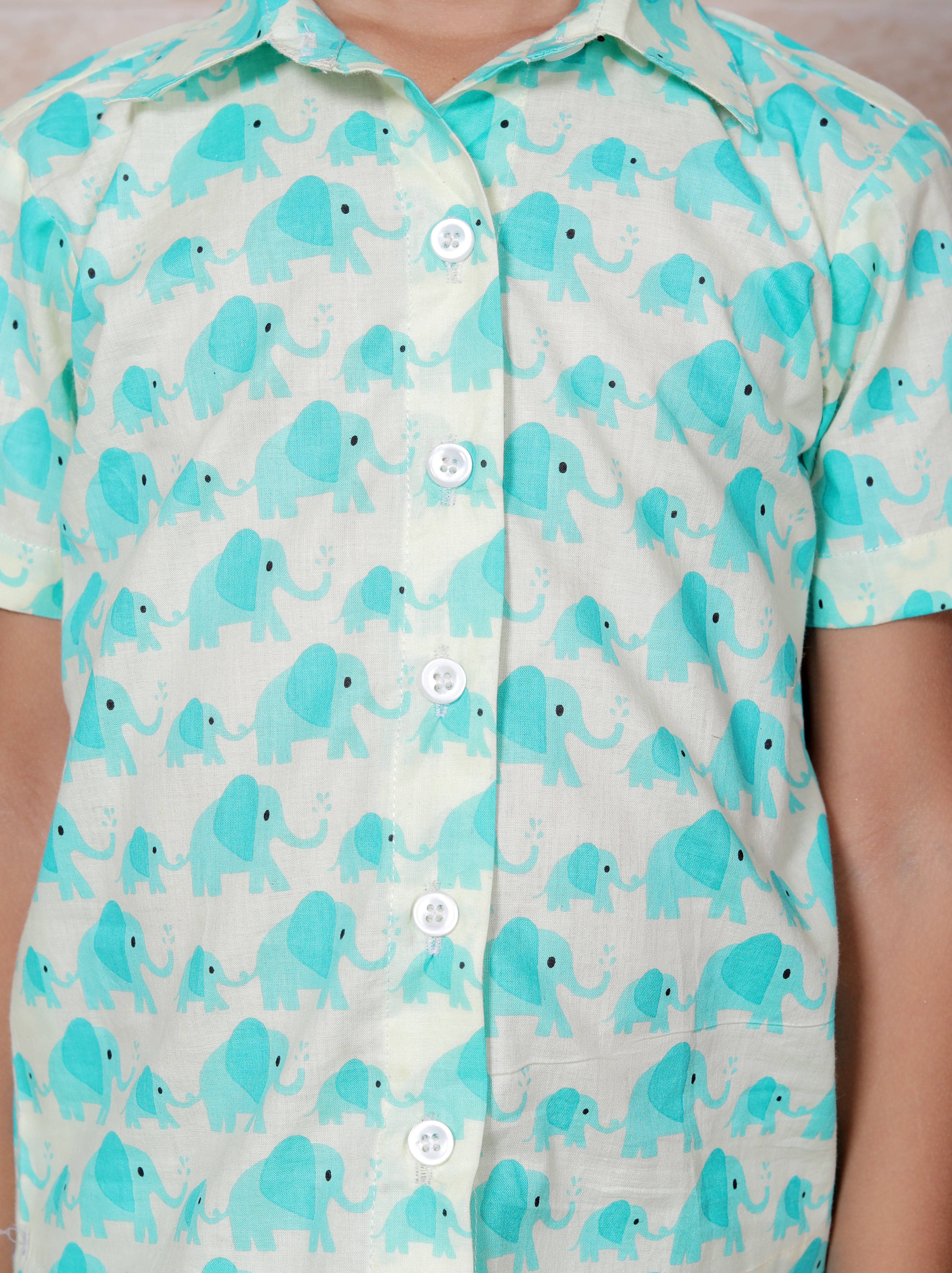 Turquoise Elephant Printed Cotton Short Night Suit For Girls