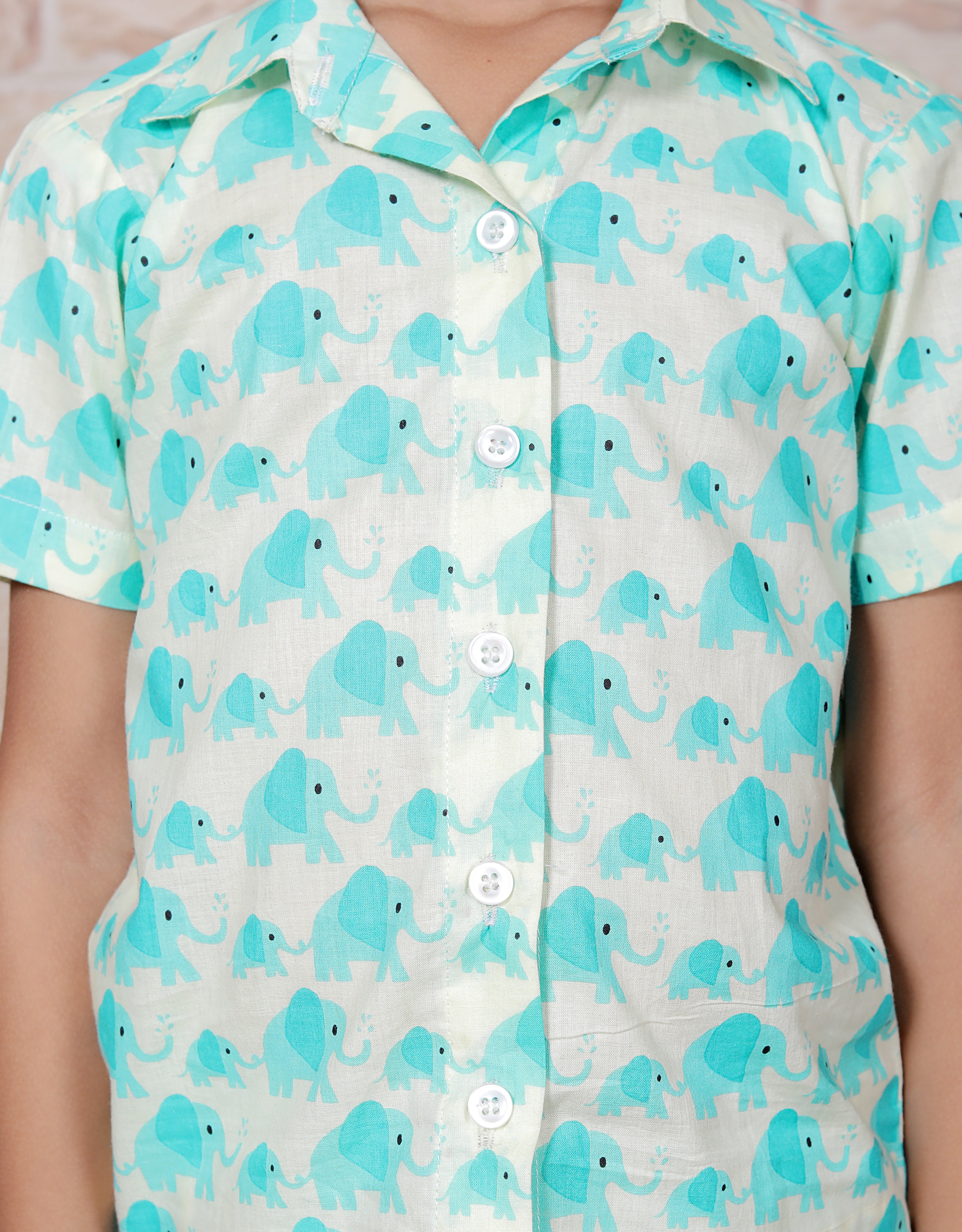 Turquoise Elephant Printed Cotton Full Night Suit For Girls