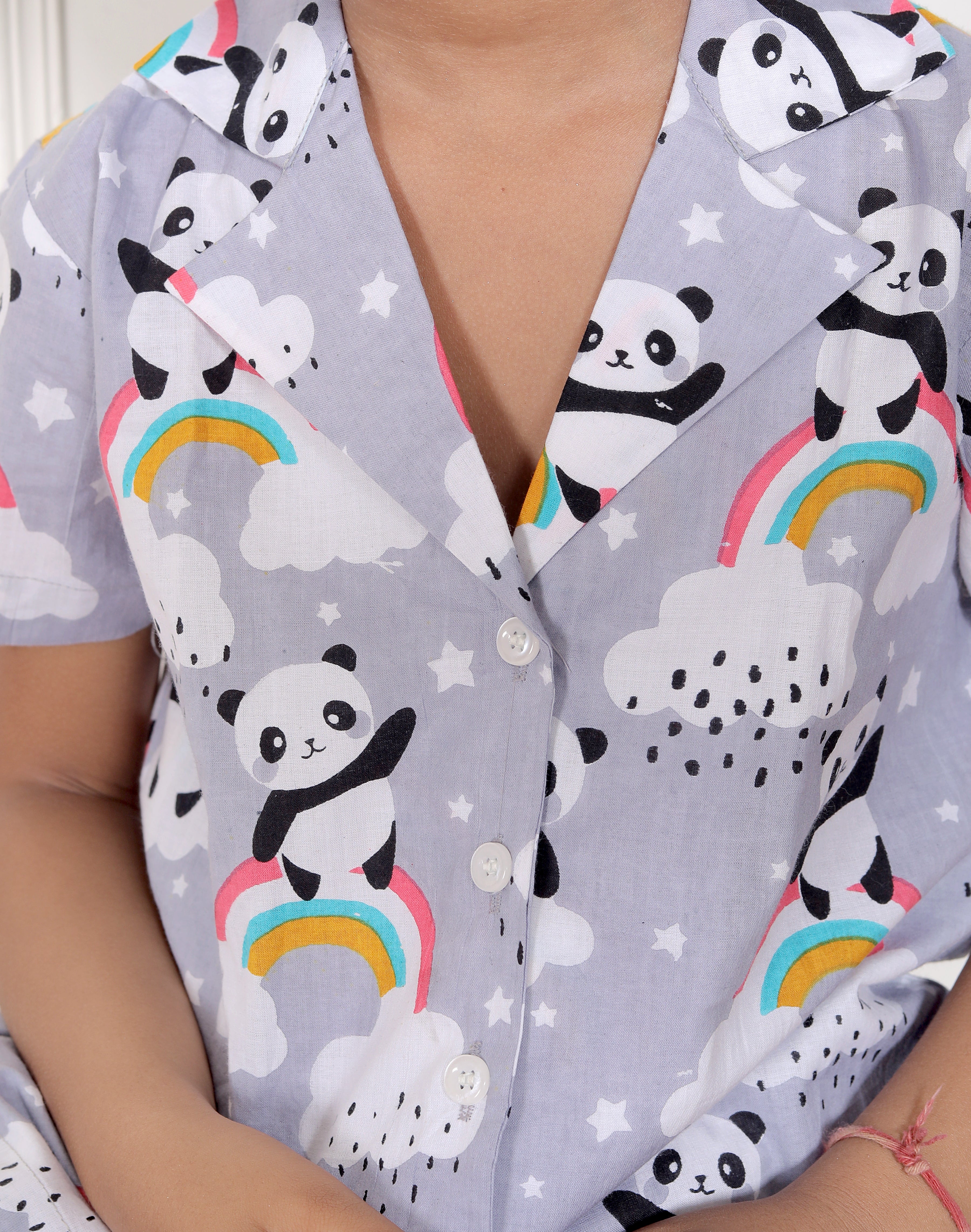 Grey Panda Printed Cotton Short Night Suit For Girls