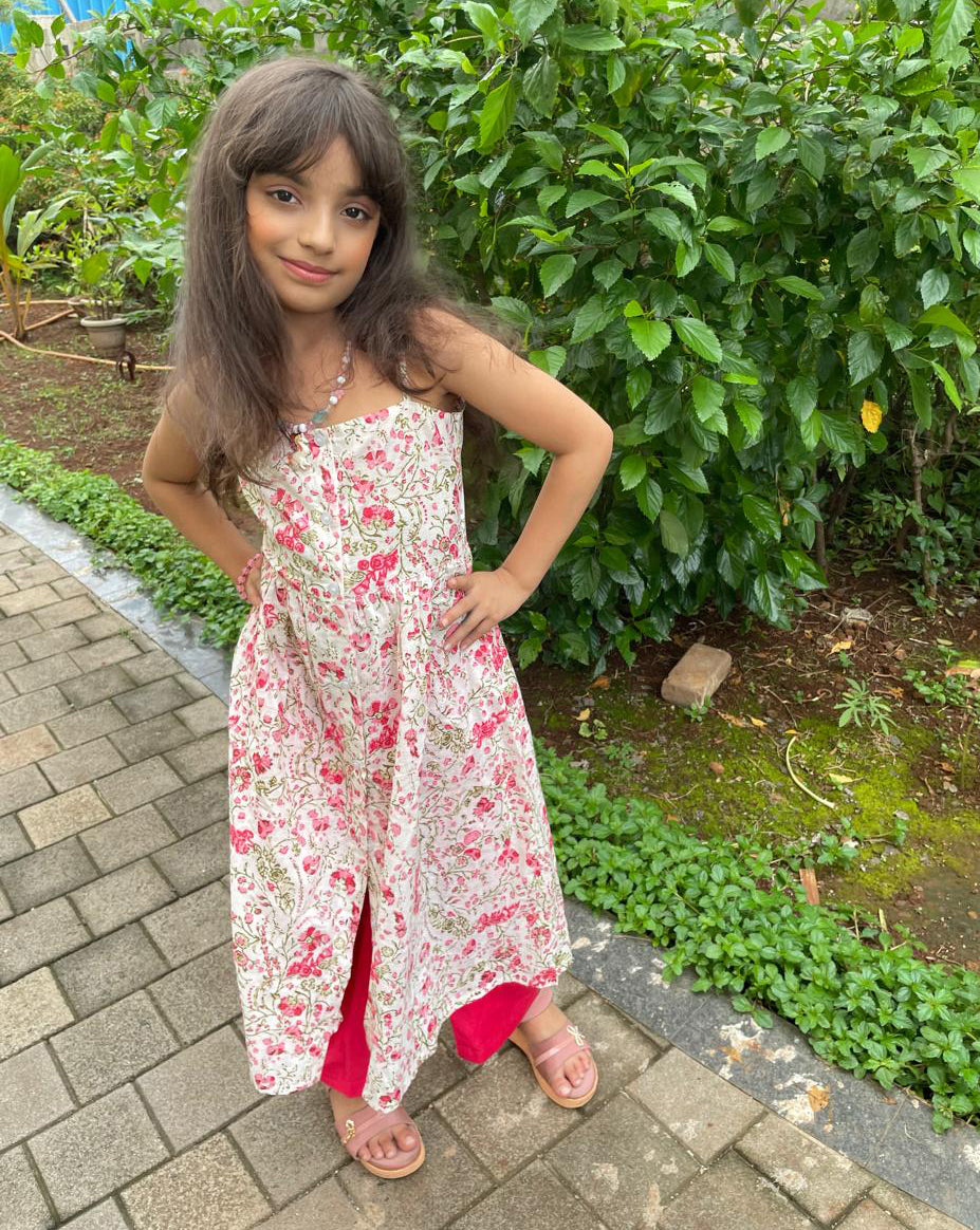 Flower Jaal Printed Cotton Kurta With Pant For Girls