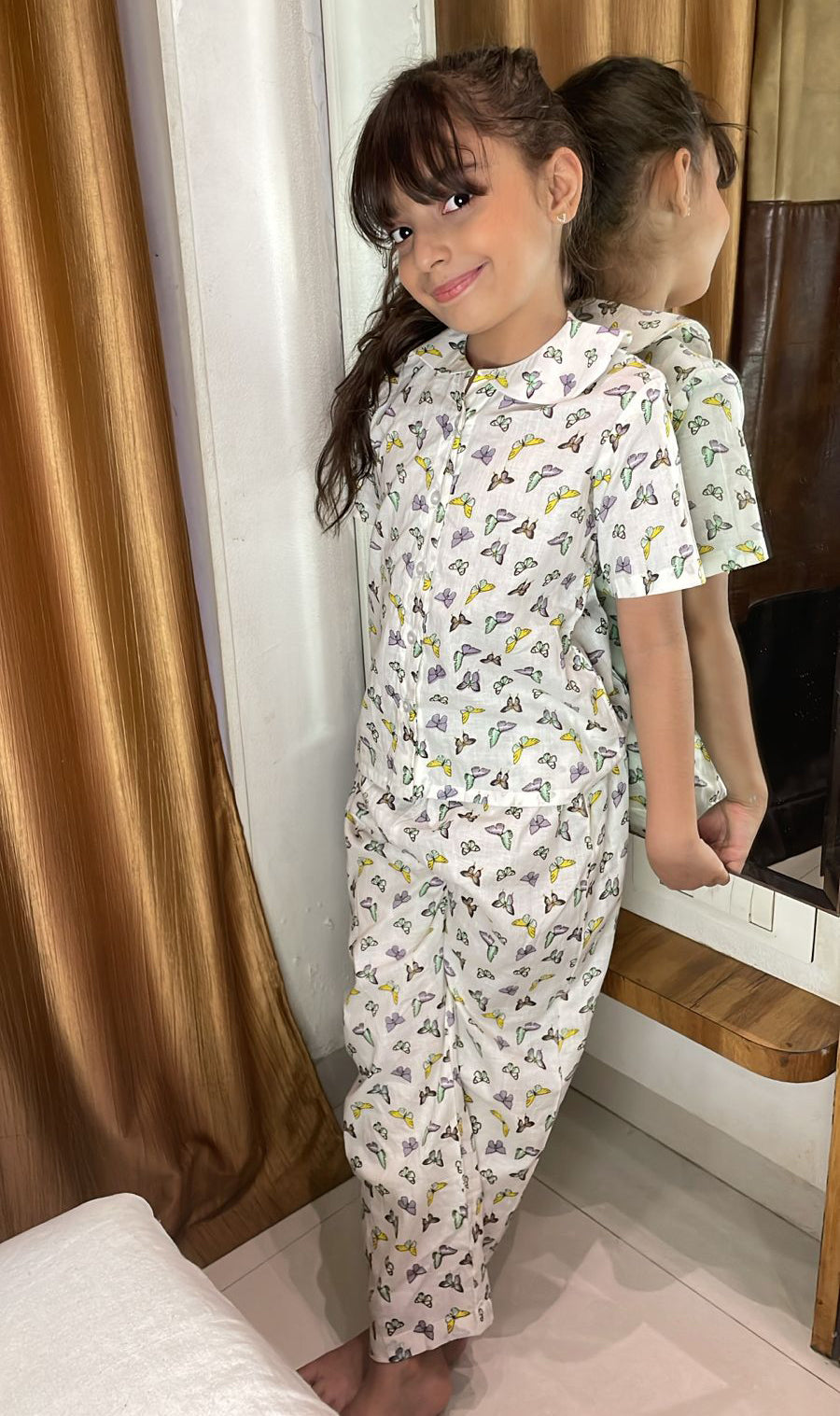 Butterfly Printed Cotton Full Night Suit For Girls