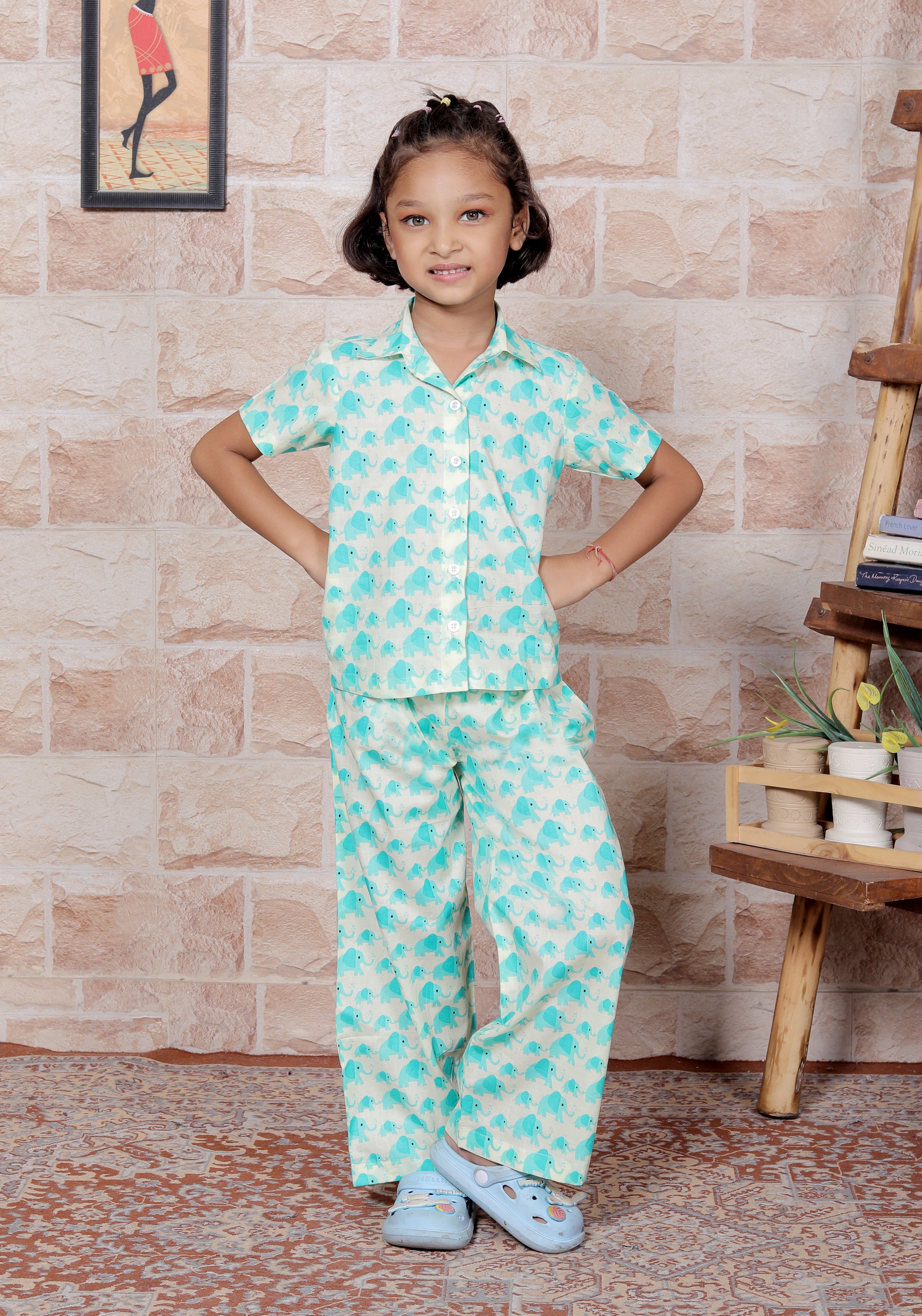 Turquoise Elephant Printed Cotton Full Night Suit For Girls