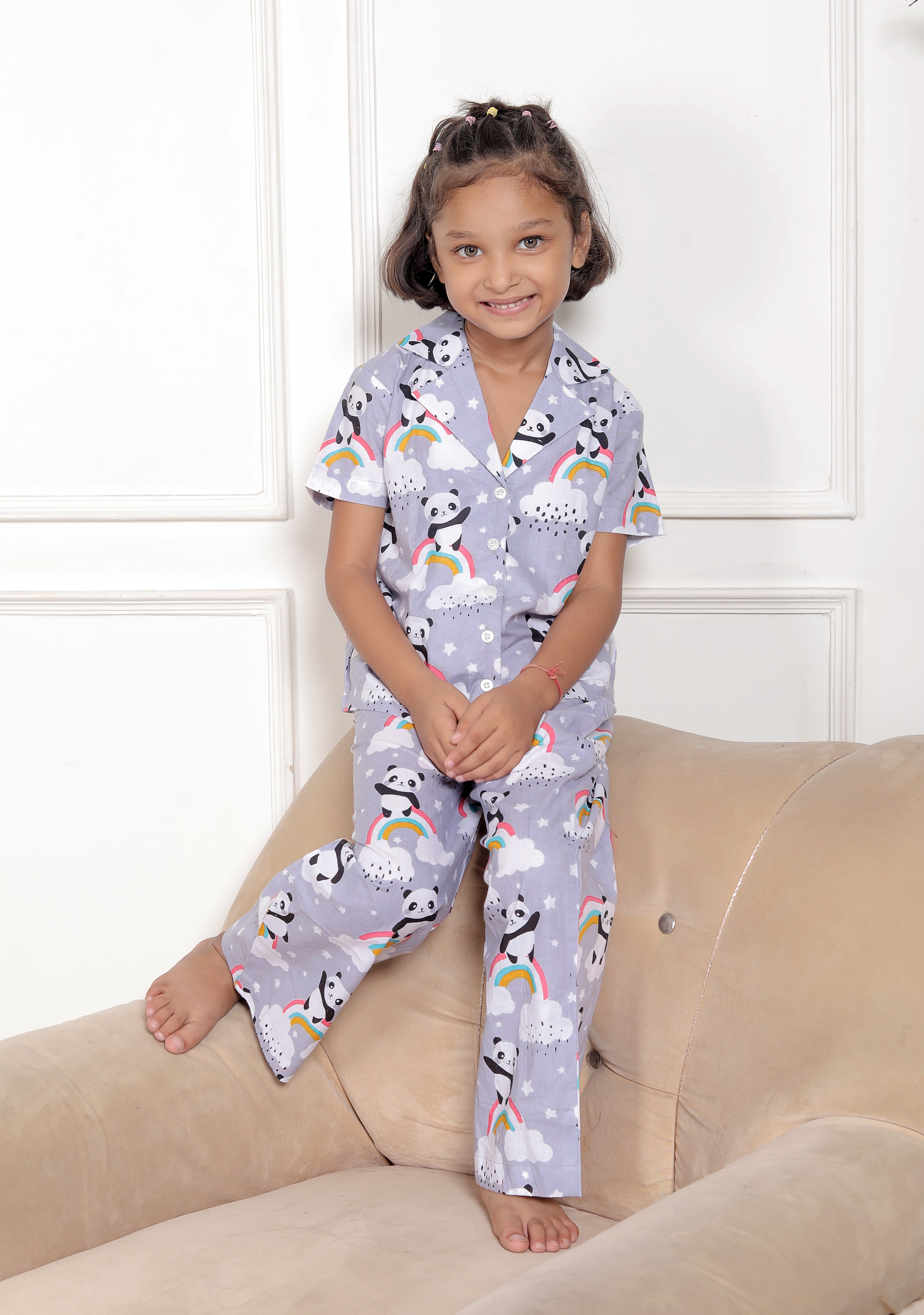 Grey Panda Printed Cotton Full Night Suit For Girls