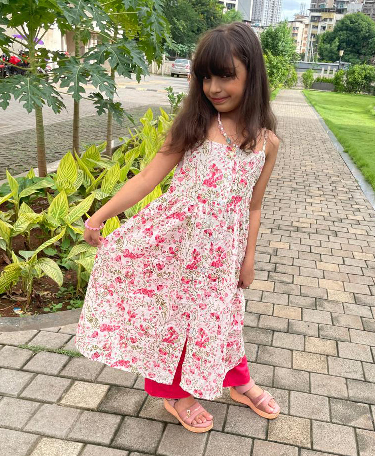 Flower Jaal Printed Cotton Kurta With Pant For Girls