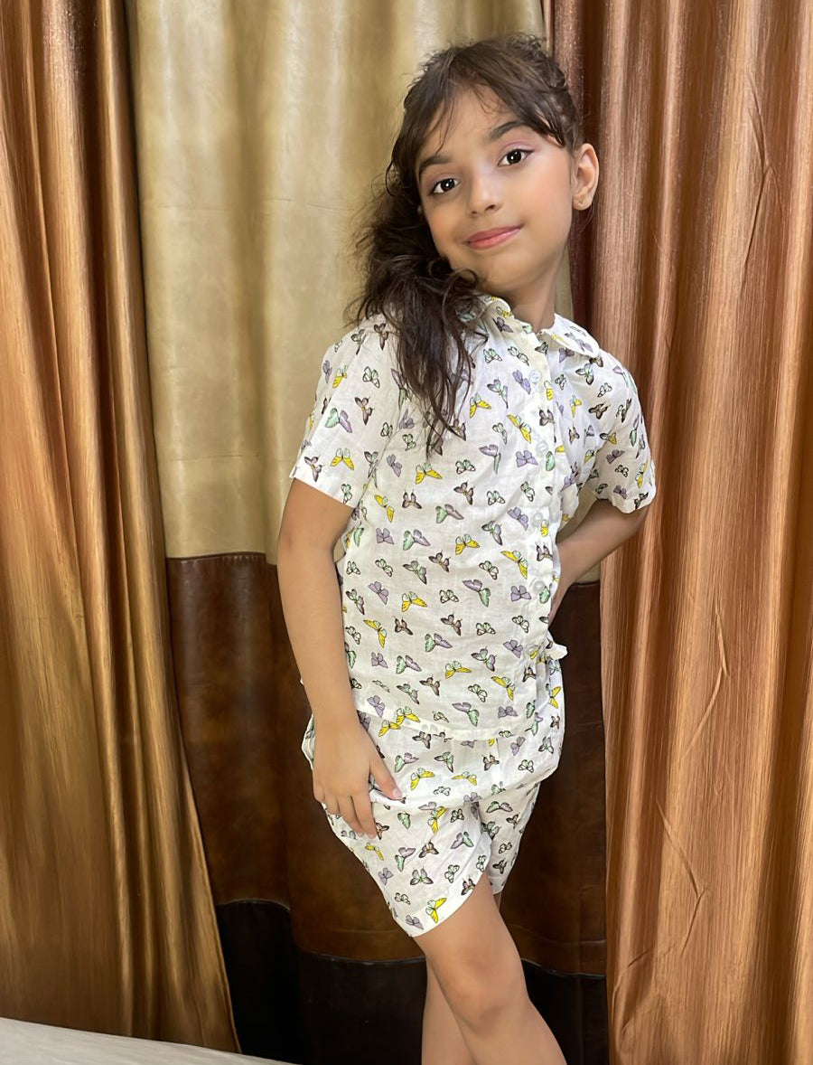 Butterfly Printed Cotton Short Night Suit For Girls