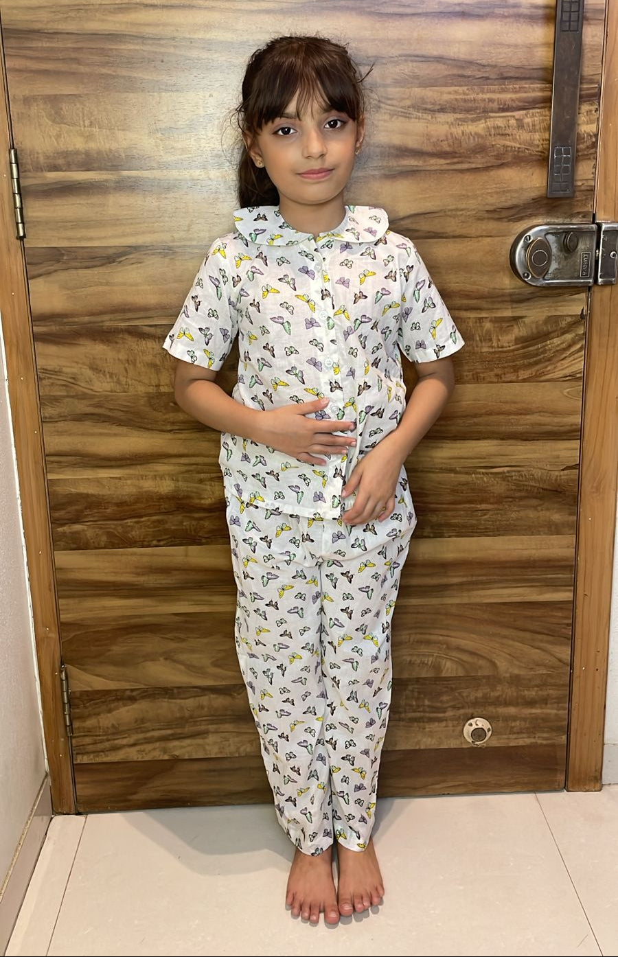 Butterfly Printed Cotton Full Night Suit For Girls
